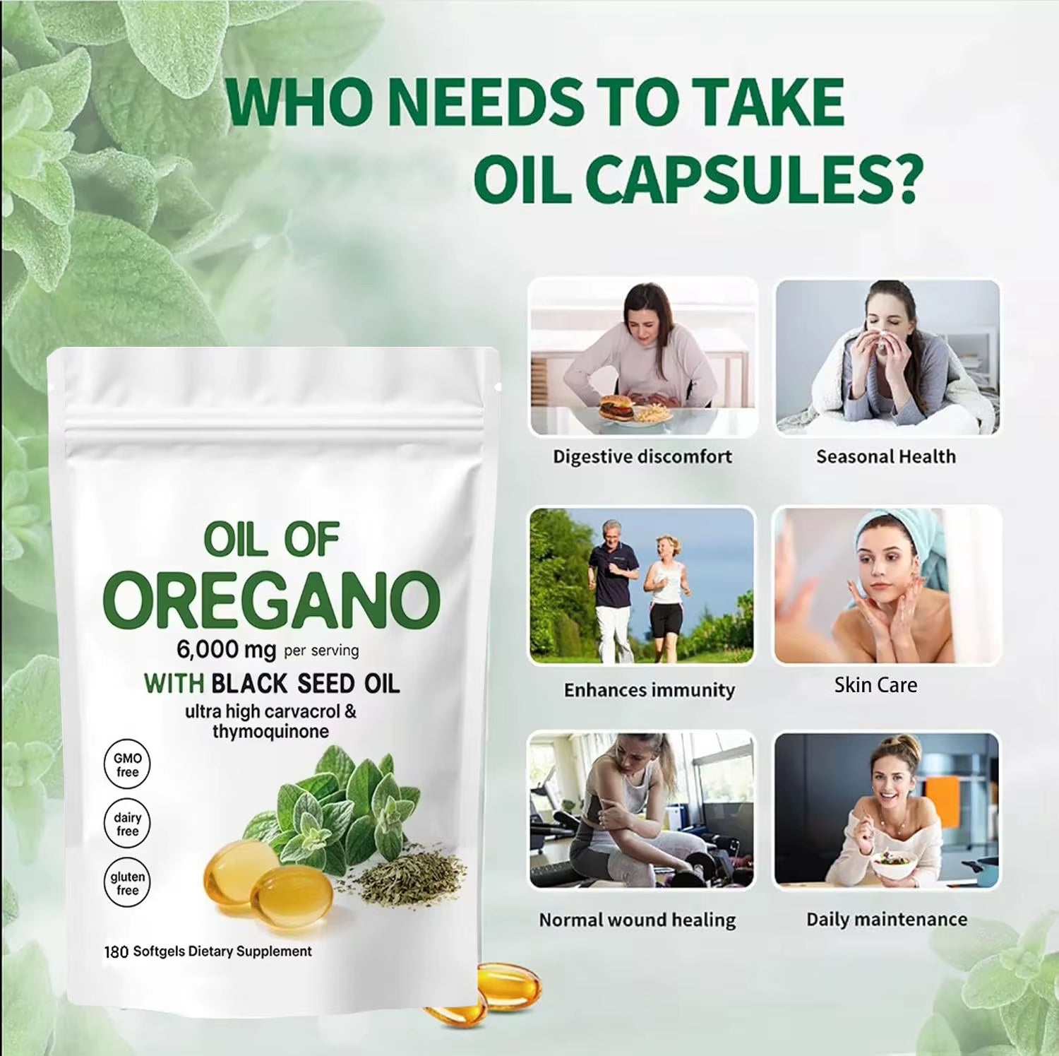 Oregano Oil Softgels 6000mg with Black Seed Oil 200mg - Immune Support Supplement