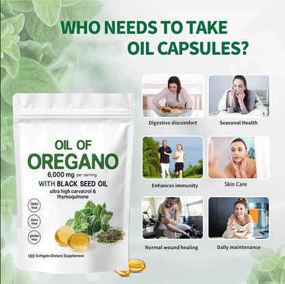 Oregano Oil Softgels 6000mg with Black Seed Oil 200mg - Immune Support Supplement