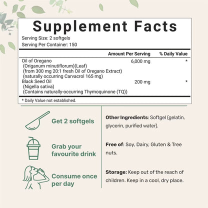 Oregano Oil Softgels 6000mg with Black Seed Oil 200mg - Immune Support Supplement